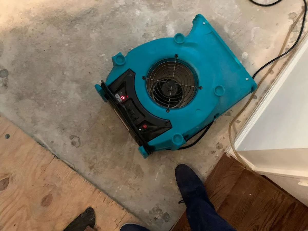 Air mover drying subfloor during Leak Detection & Repair in Montpelier
